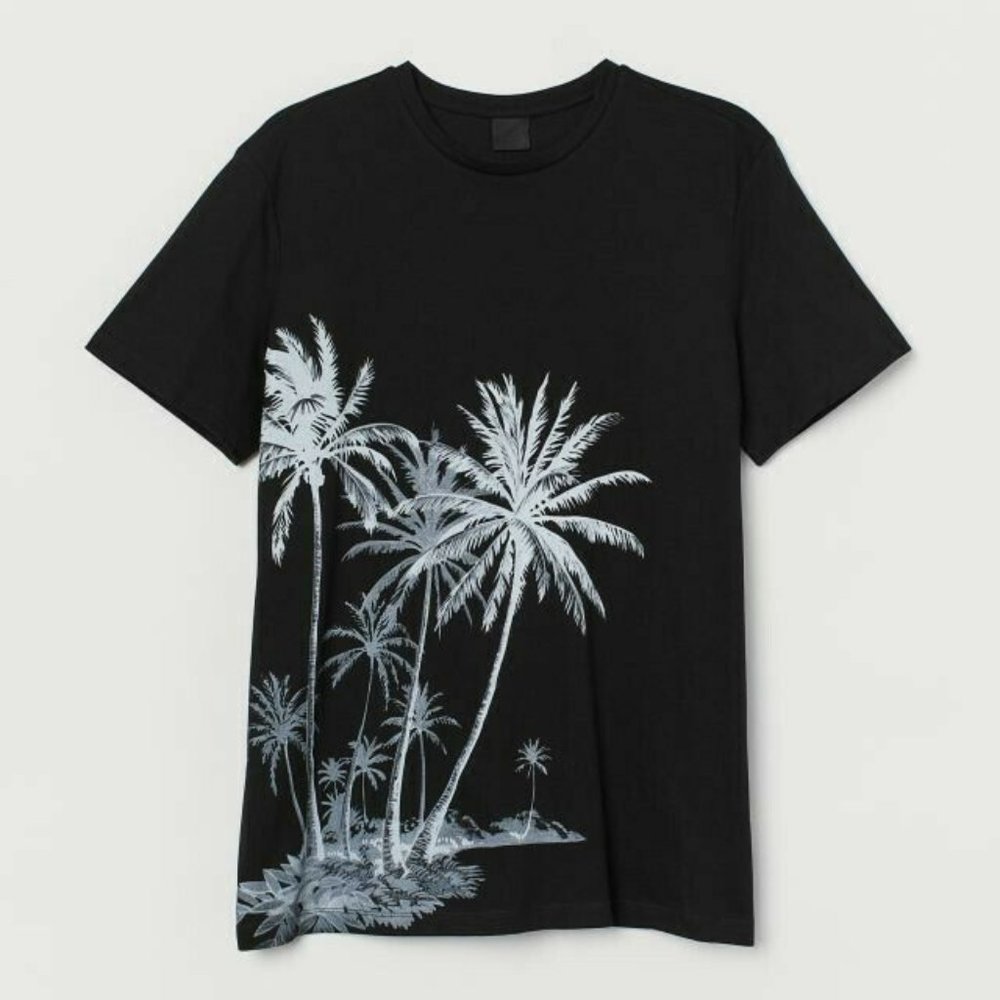 H&M T-shirt with Motif: Black/palm trees